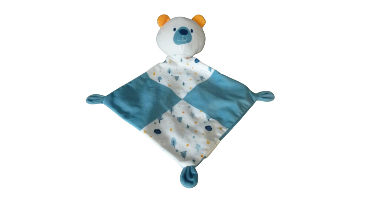 Doudou ours plat bleu motifs - Mes Petits Cailloux
