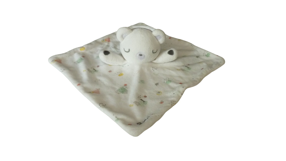 Doudou ours dormeur plat blanc motifs - Siplec
