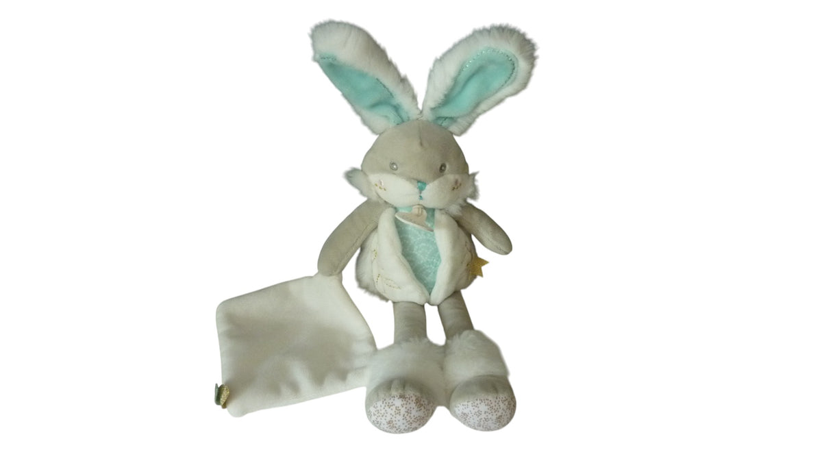 Peluche mouchoir lapin turquoise gris - Lapin de Sucre - DC3487 Doudou et Compagnie