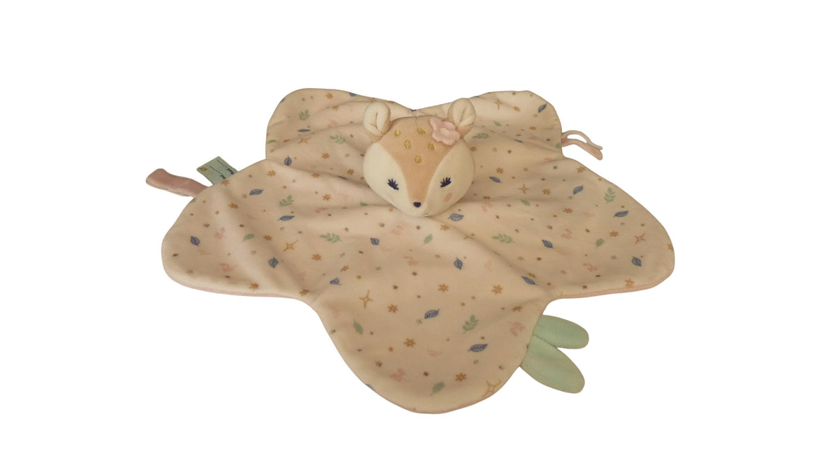 Doudou biche plat Premaman blanc et rose avec attache-tétine – 32 cm