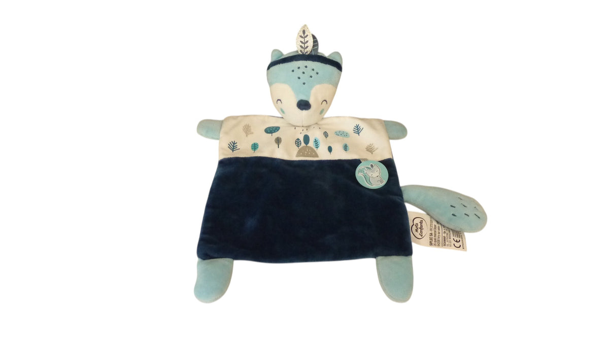 Doudou renard plat bleu et blanc à motifs – Mots d'Enfants 33 cm