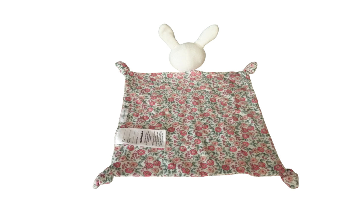 Doudou lapin plat blanc à fleurs et quatre nouages – Vertbaudet 29 cm